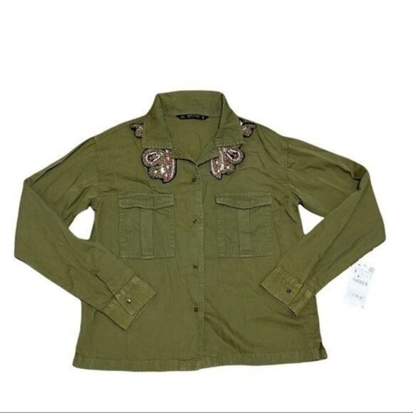 Zara army green beaded button down long sleeve Shirt Size S - Picture 4 of 8
